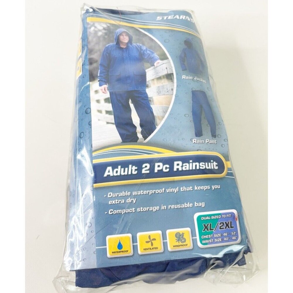 VTG Stearns Men XL- 2XL Navy Coat W/ Hood & Pants Vinyl Waterproof Rain Suit New